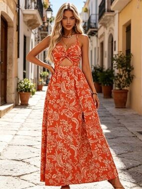 Women's Orange Floral Cutout Maxi Dress - Stylish Summer Dress